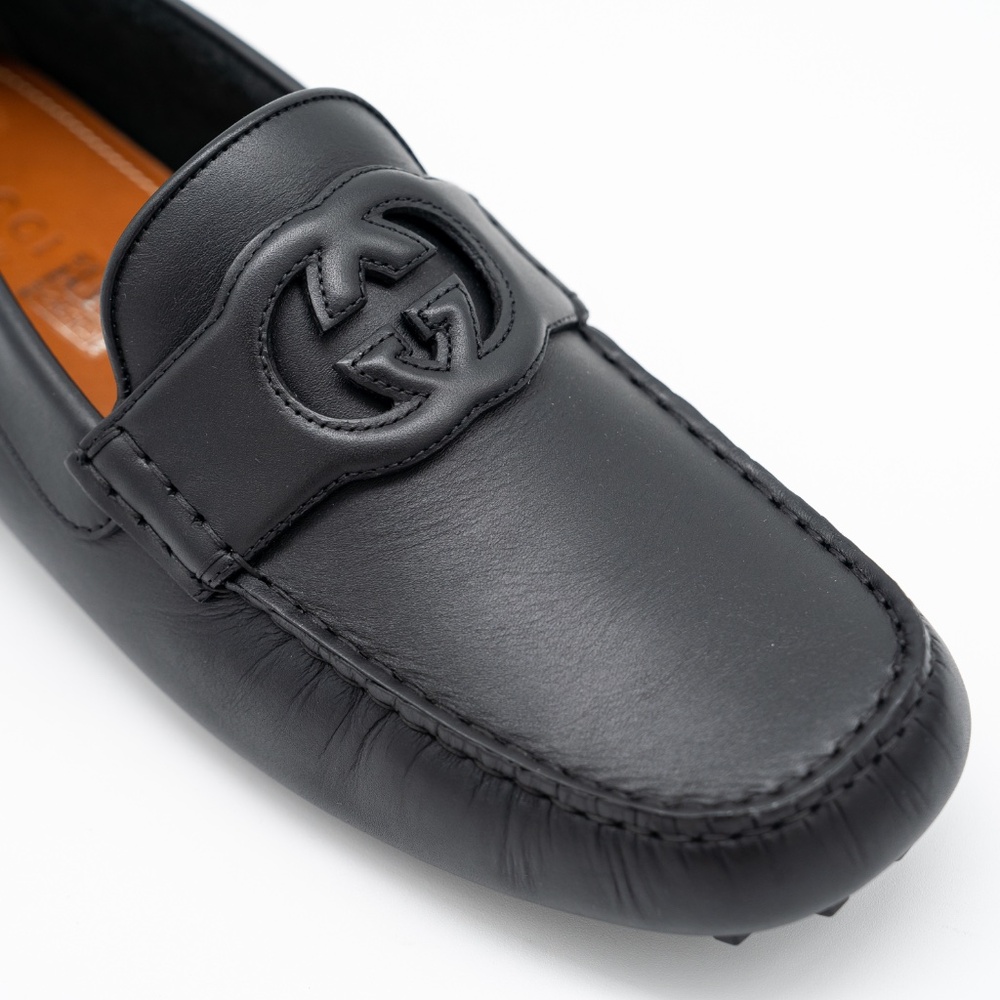 size 13G 13.5 US Gucci GG Leather Moccasin Driver Black Loafers Leather Cut Out - Picture 6 of 11